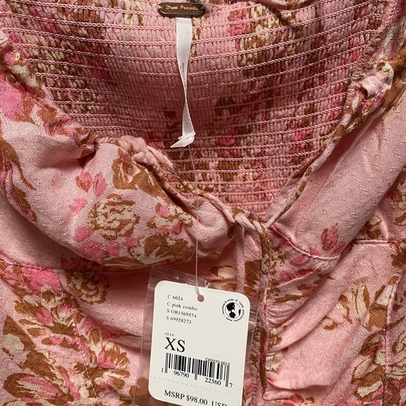 Free People Hilary floral pink Printed Top Pink Combo Boho crew summer NEW XL/XS - Picture 8 of 10